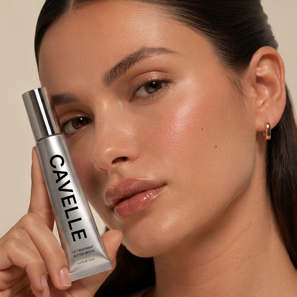 Cavelle Lip Treatment tube leaning against a chrome coupe with a layered custard dessert